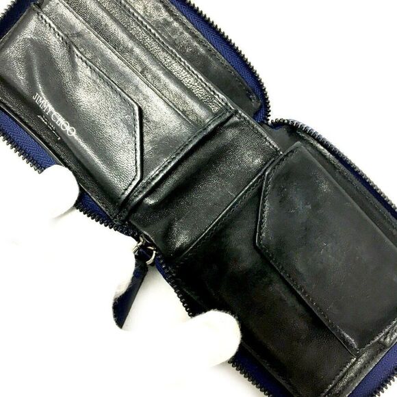 Genuine Jimmy Choo Studs Navy Blue Leather Zip Around Wallet w/ Box - Picture 5 of 9